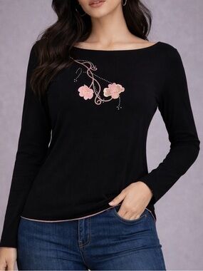 DRESSBARN Coquette Black Pink Floral Long Sleeve Boat Neck Blouse. Sz M